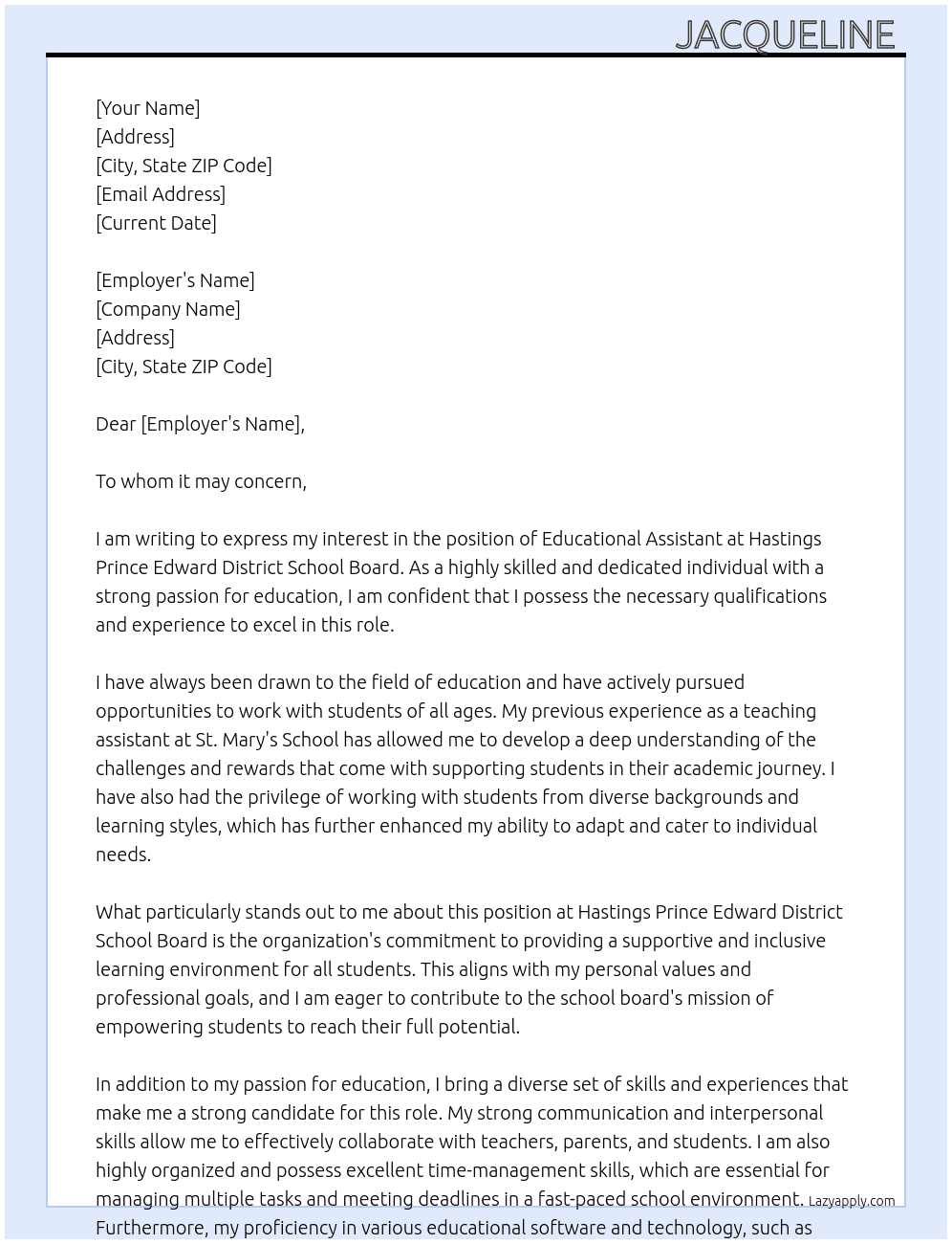 Educational assistant At Hastings prince edward district school board  Cover Letter