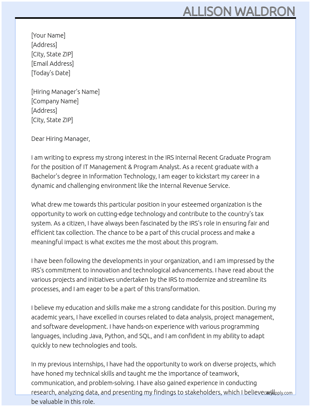 IRS Internal Recent Graduate Program (IT Management & Program Analyst) At Internal Revenue Service Cover Letter