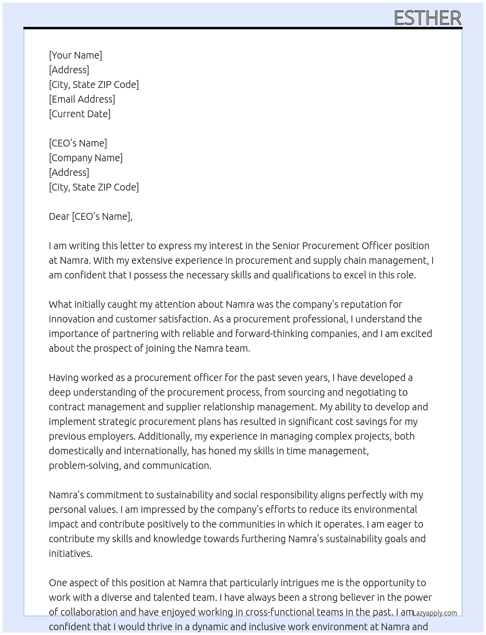 SEnior Procurement Officer At Namra Cover Letter