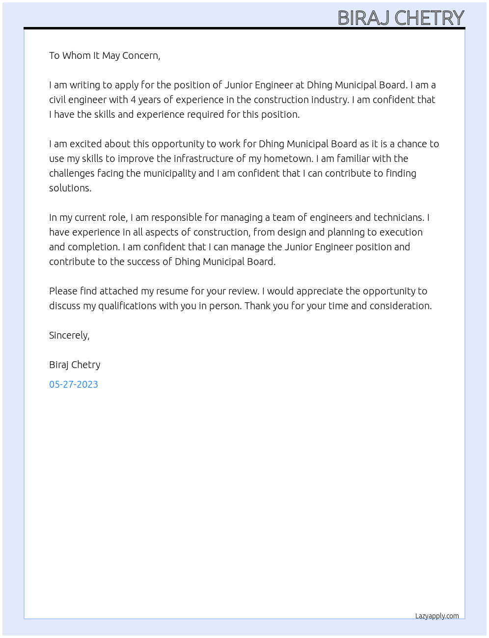 Junior Engineer  At Dhing municipal Board Cover Letter