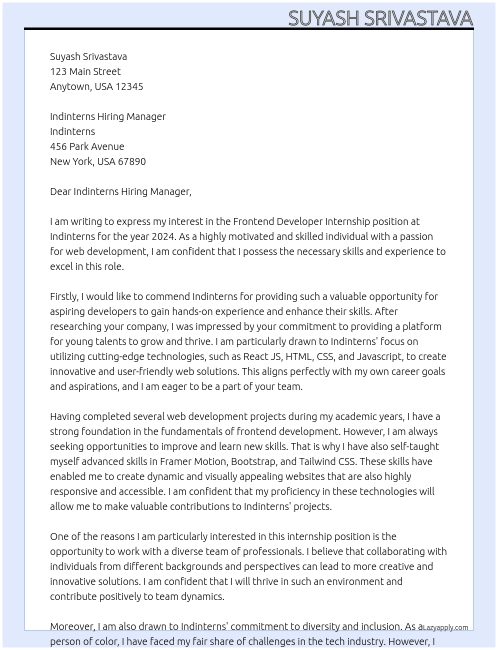 Frontend Developer Internship - 2024 At Indinterns Cover Letter