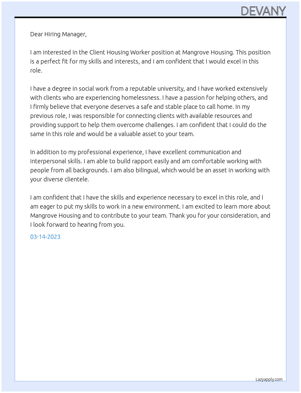 Client Housing Worker At Mangrove Housing Cover Letter