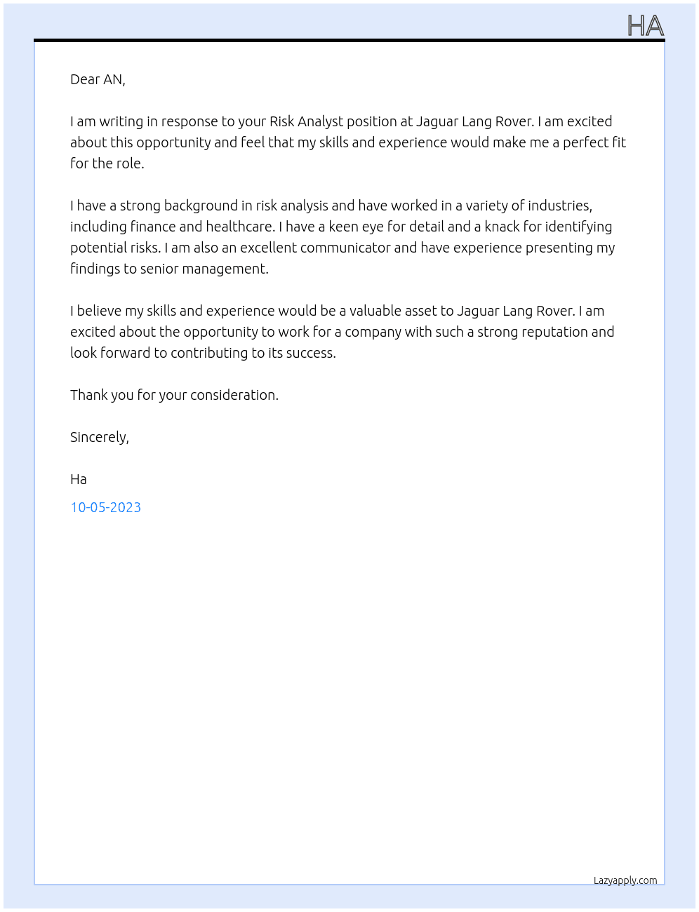 Risk Analyst At Jaguar Lang Rover Cover Letter