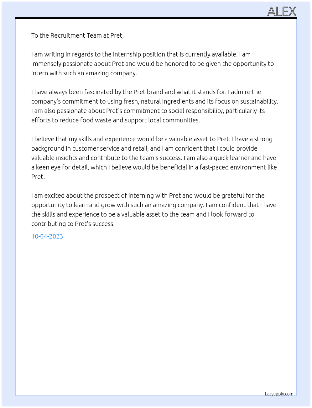 Internship At Pret Cover Letter