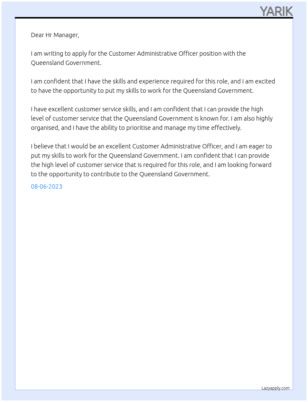 Customer Administrative Officer At Queensland Government Cover Letter