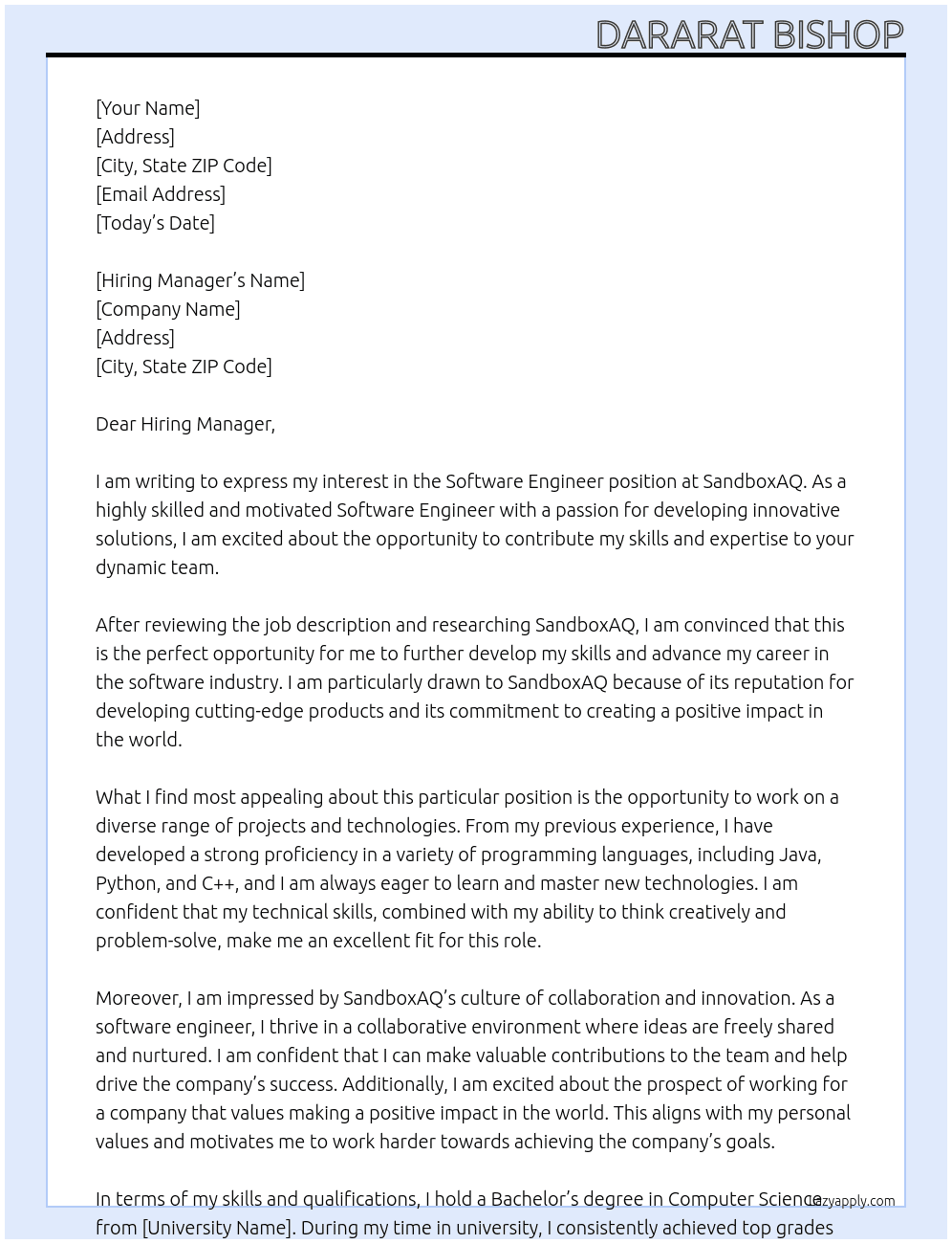 Software Engineer At SandboxAQ Cover Letter