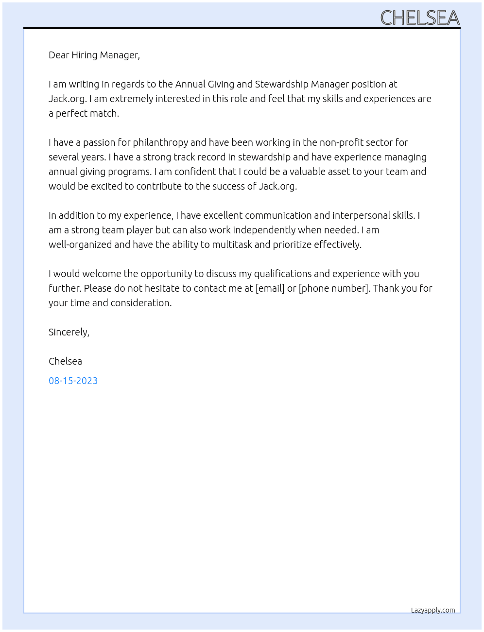 Annual Giving and Stewardship Manager At jack.org Cover Letter