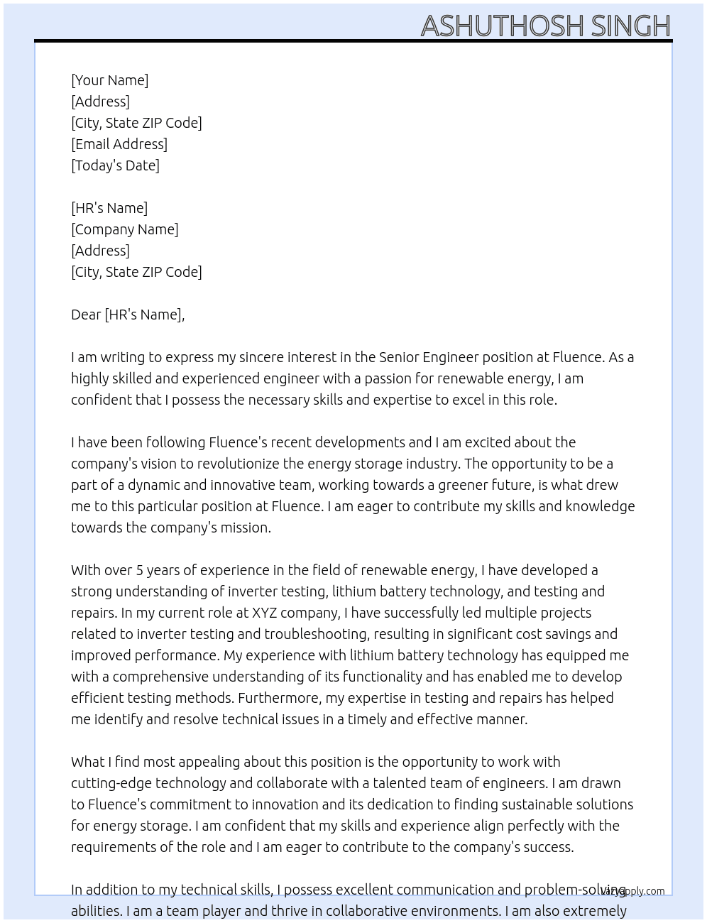 Senior Engineer  At Fluence Cover Letter