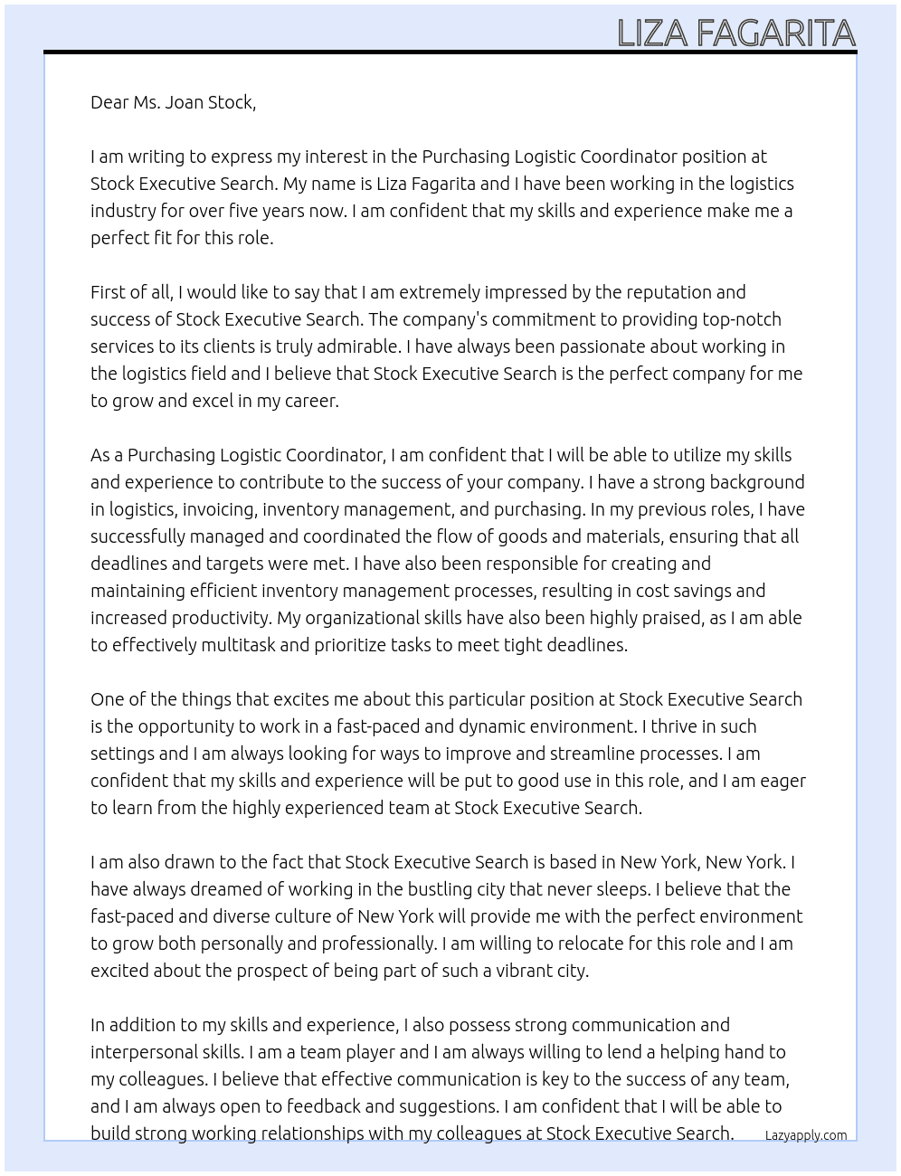 Purchasing Logistic coordinator At Stock Executive Search Cover Letter
