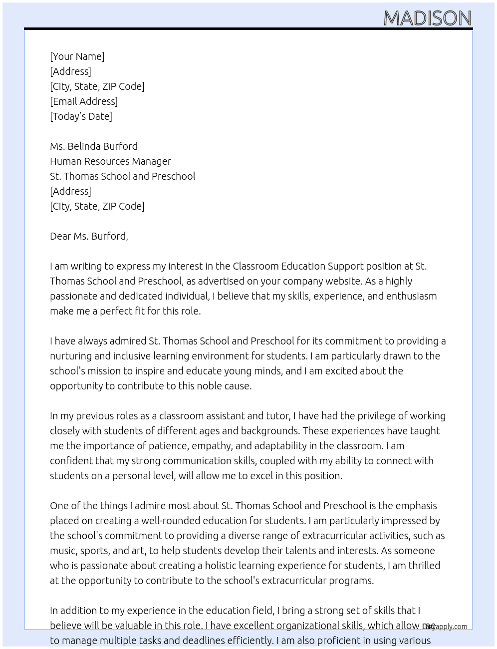 classroom education support At St Thomas School and Preschool  Cover Letter