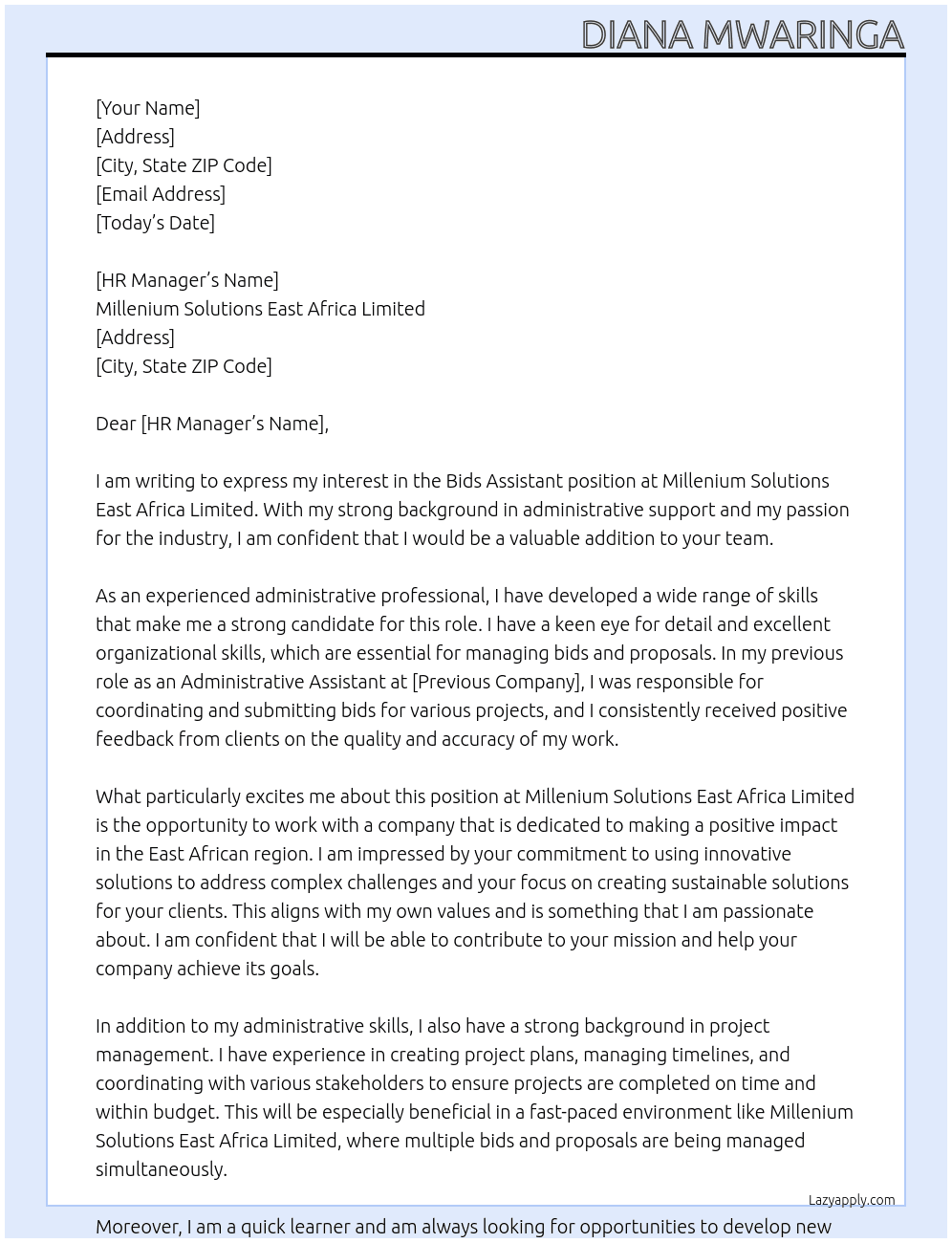 Bids Assistant At Millenium Solutions East Africa Limited Cover Letter