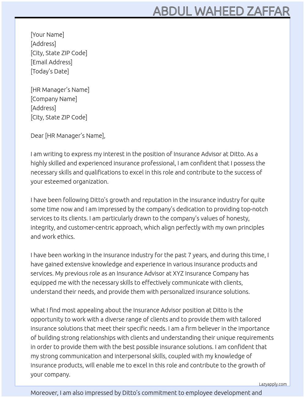 Insurance advisor  At Ditto Cover Letter