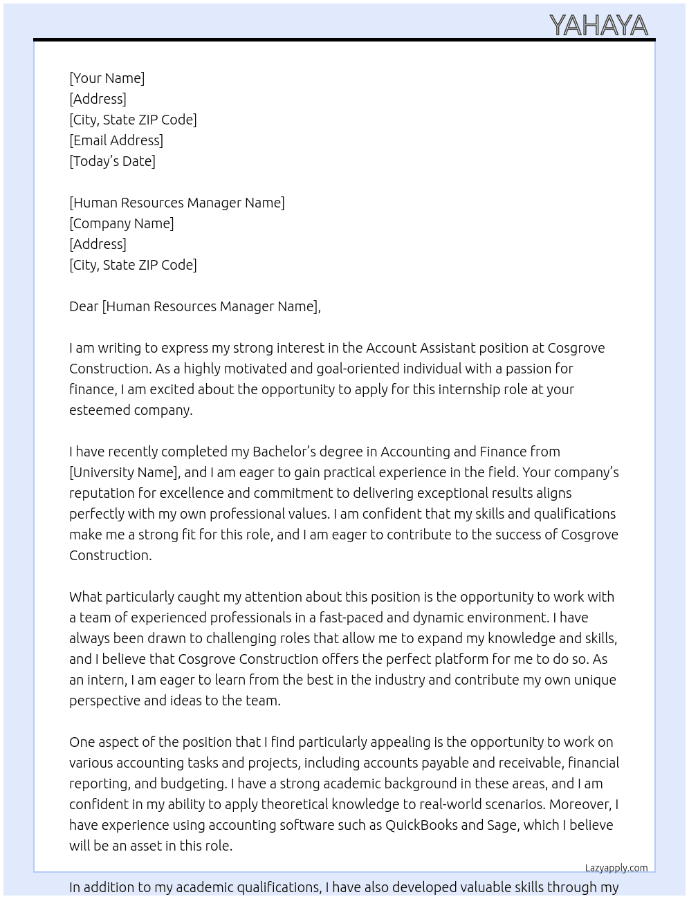 Account Assistant  At Cosgrove Construction  Cover Letter