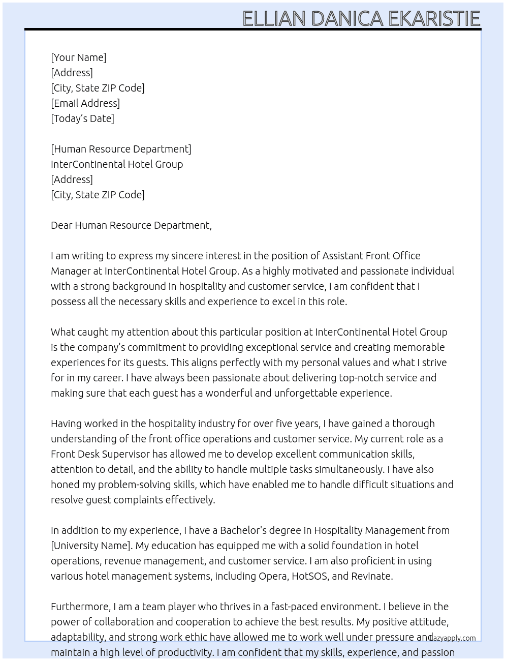 Assistant Front Office Manager At InterContinental Hotel Group Cover Letter