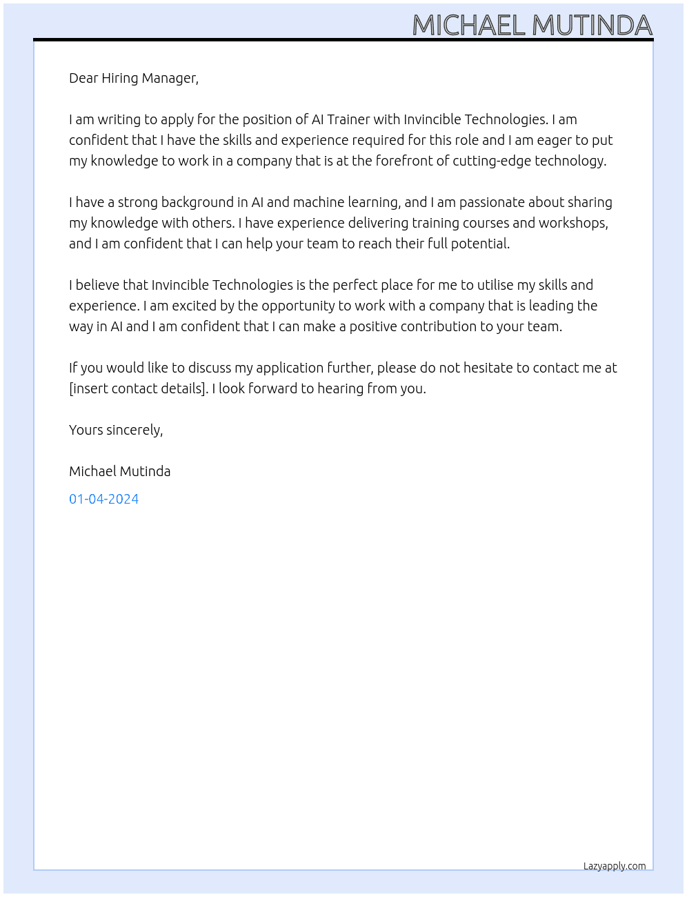 AI TRAINER At INVINCIBLE TECHNOLOGIES Cover Letter