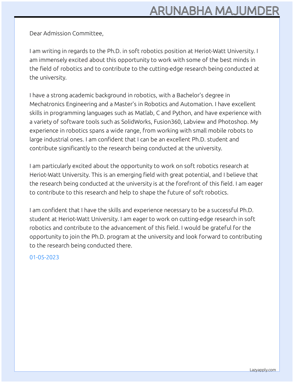 Cover letter for ph.d. in soft robotics - LazyApply