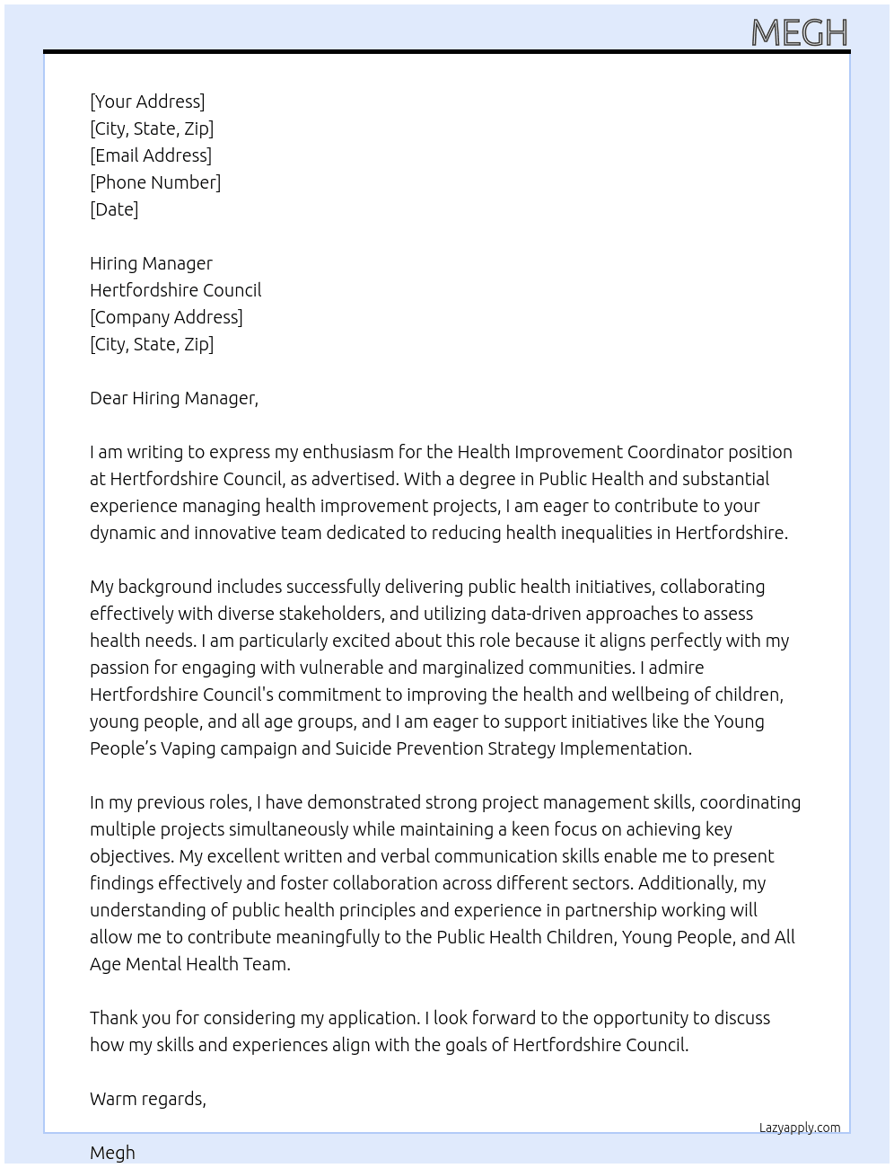 Cover letter for healthimprovement coordinator - LazyApply
