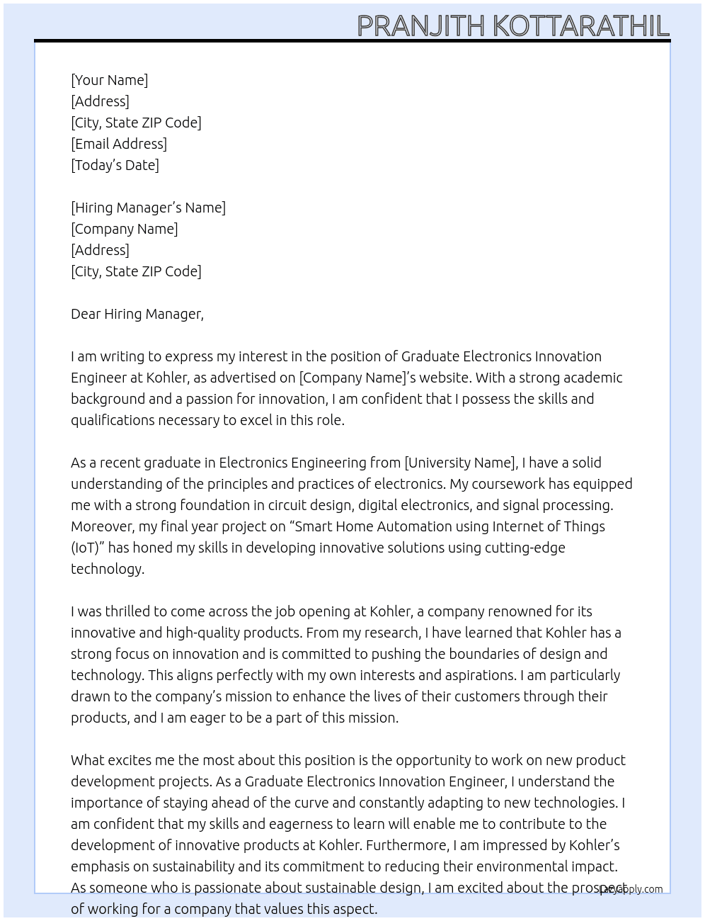 Graduate Electronics Innovation Engineer At Kohler Cover Letter
