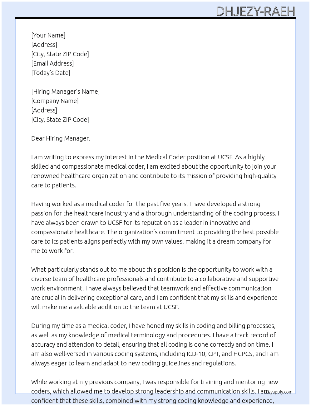 Medical Coder At UCSF Cover Letter