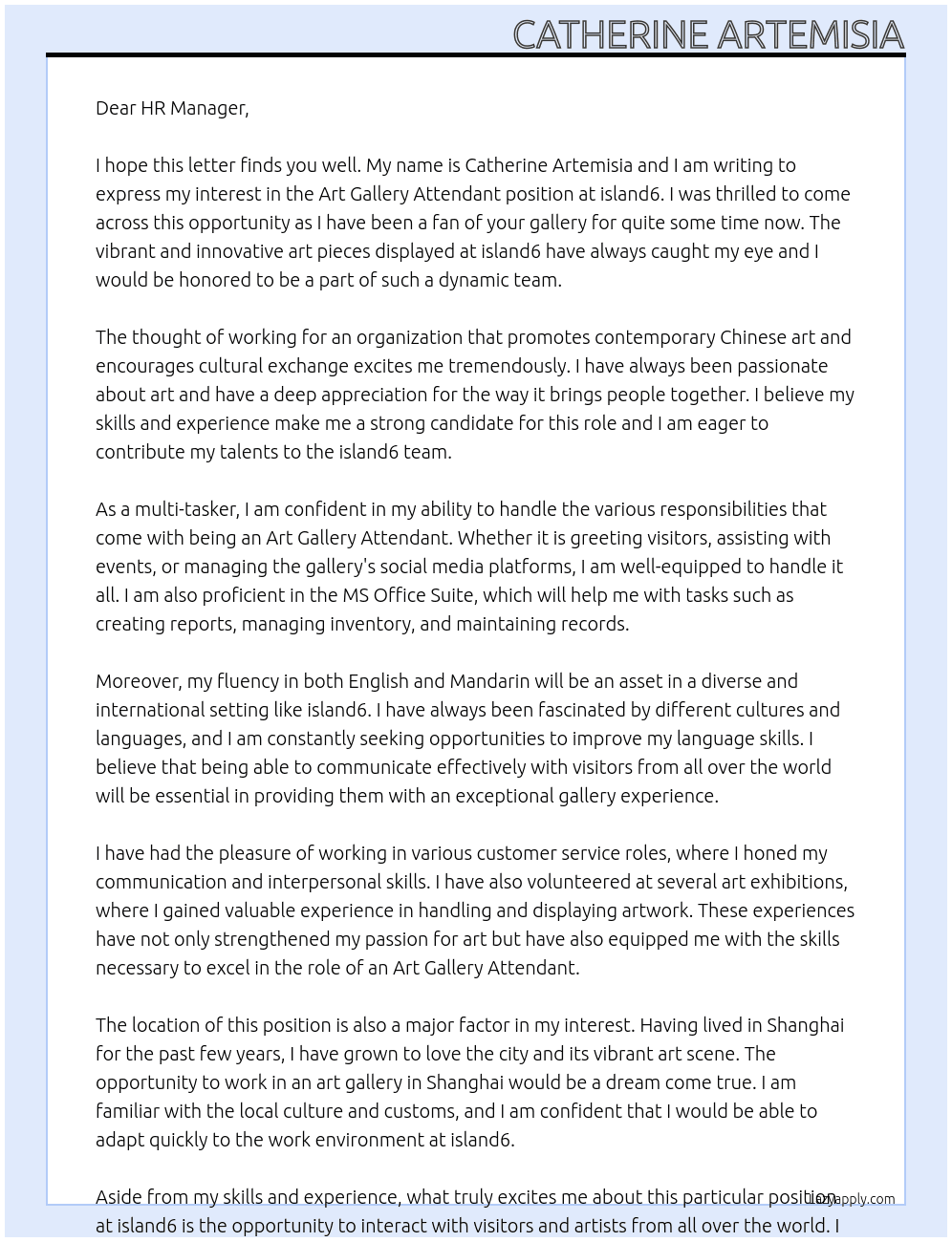 Art Gallery Attendant At island6 Cover Letter