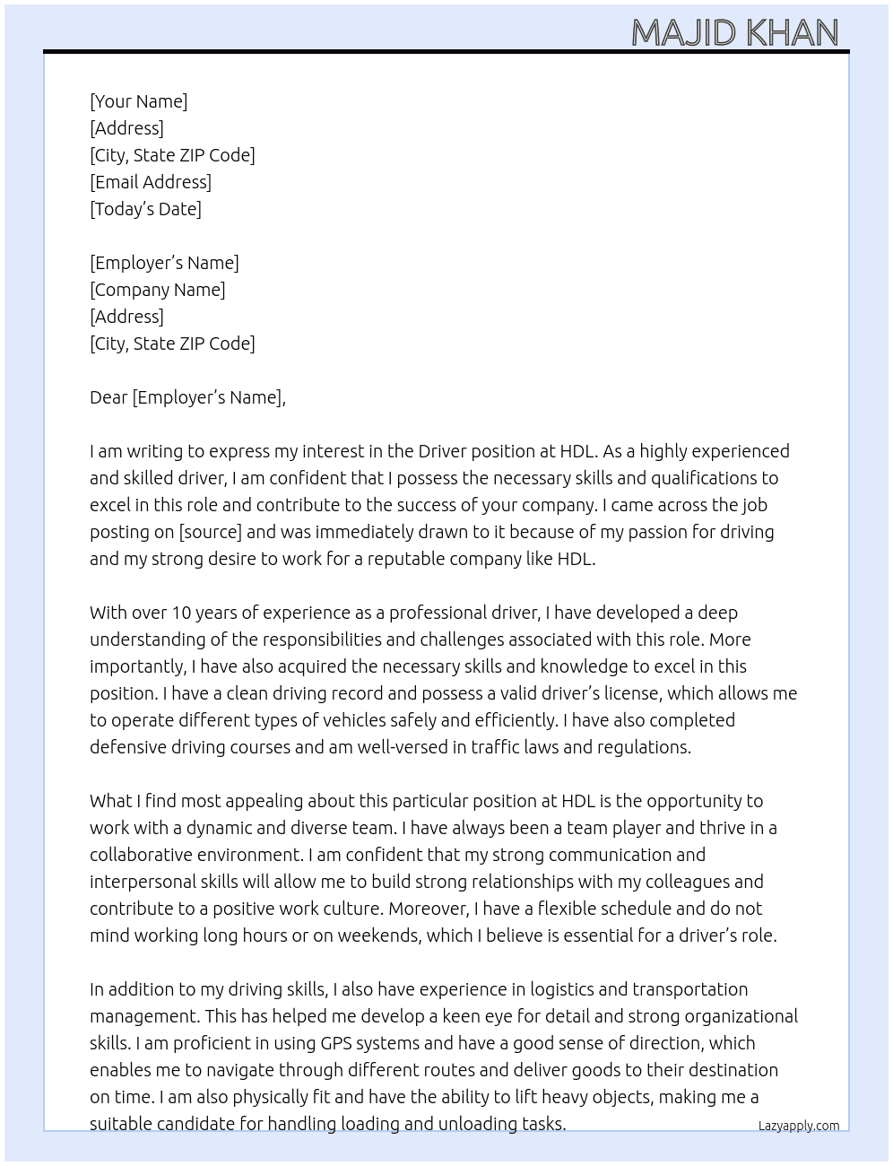 Driver  At HDL Cover Letter
