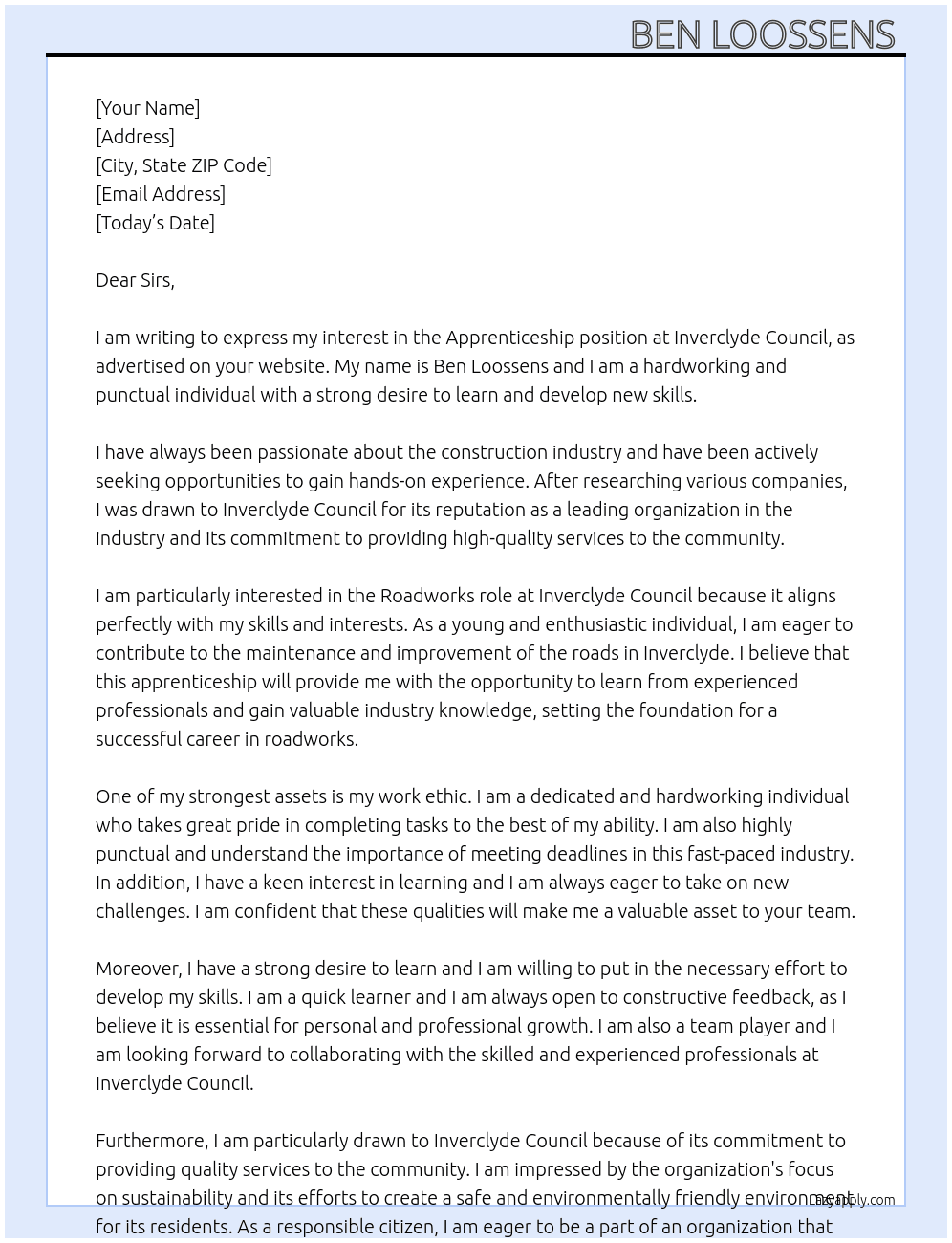 Apprenticeship  At Inverclyde Council  Cover Letter