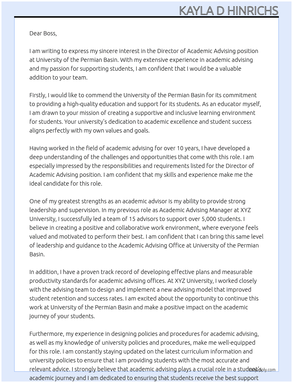 Director Academic Advising  At University of the Permian Basin  Cover Letter
