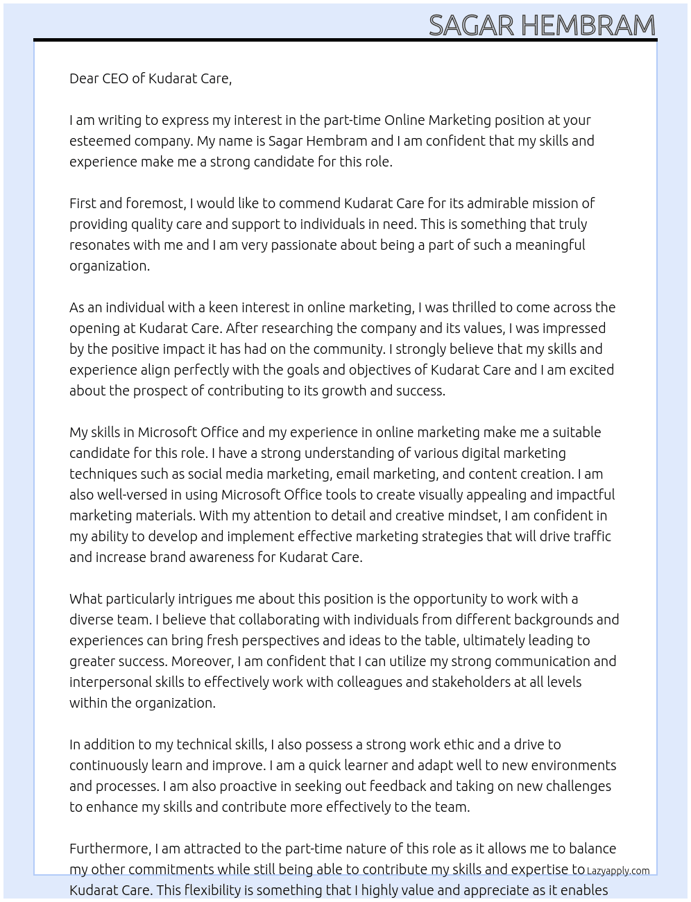 Online Marketing At Kudarat Care Cover Letter