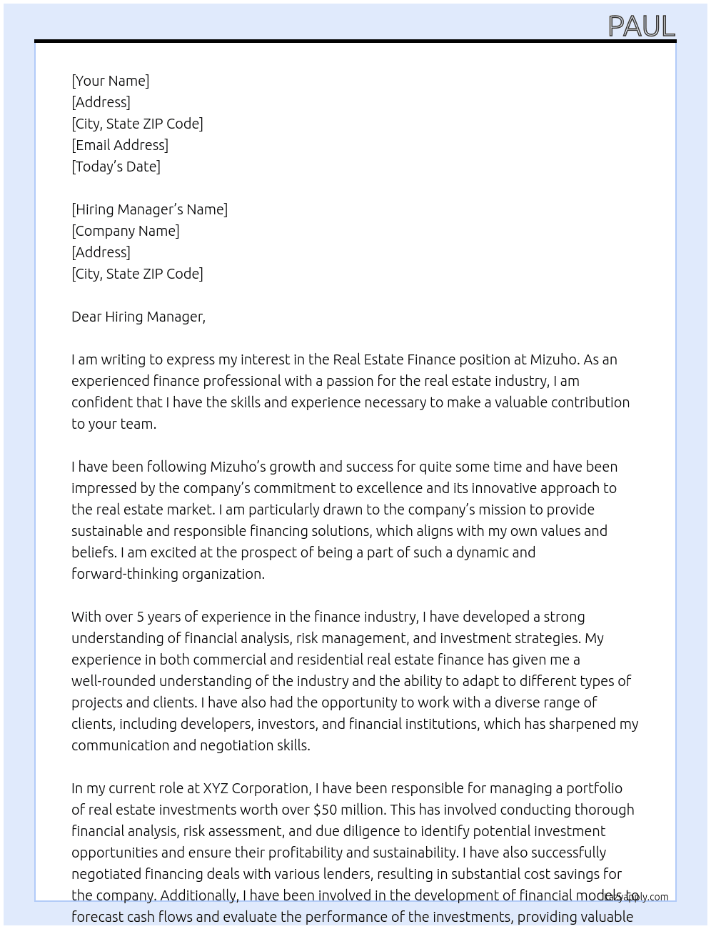 real estate finance At mizuho Cover Letter