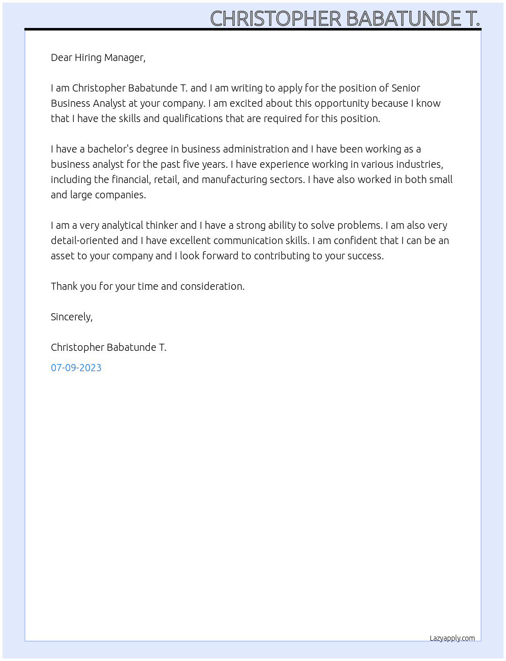 Senior Business Analyst At Hiring Manager Cover Letter