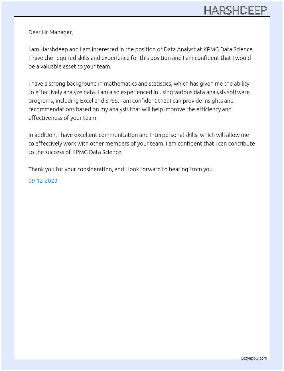 Data Analayst At KPMG Data Science Cover Letter
