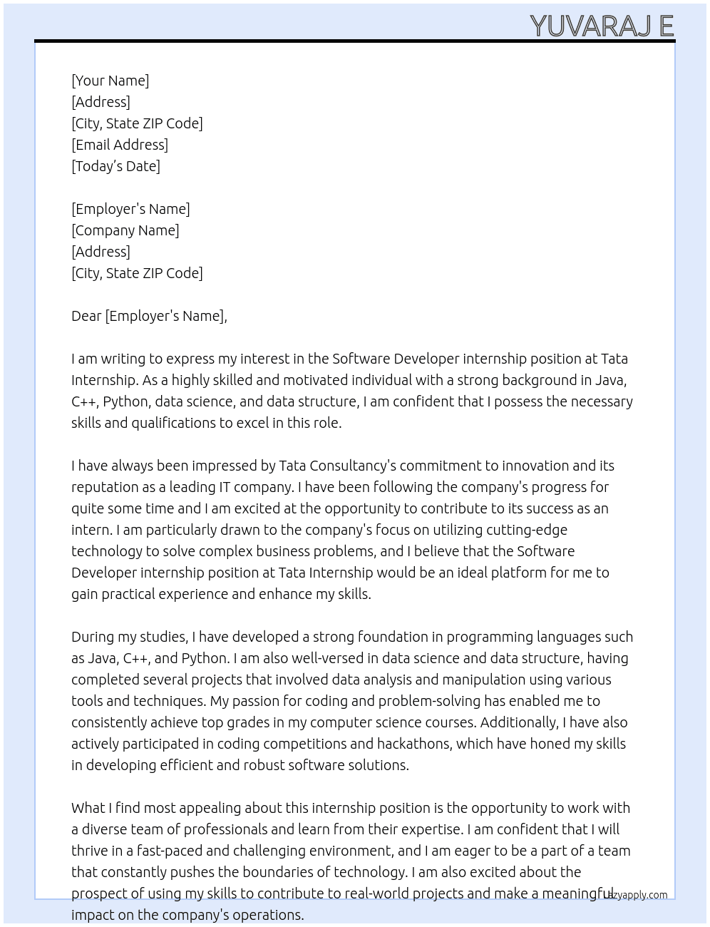 Software developer  At Tata internship  Cover Letter