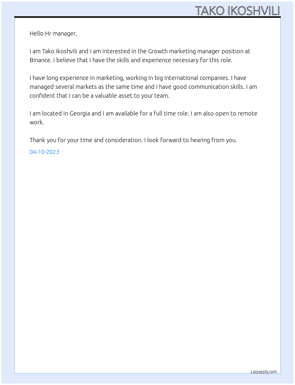 Growth marketing manager At Binance Cover Letter