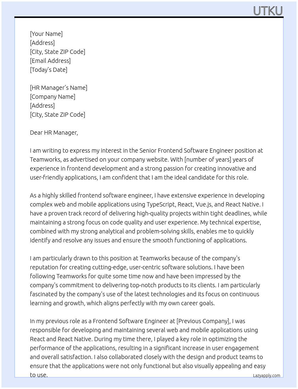 Senior Frontend Software Engineer At Teamworks Cover Letter