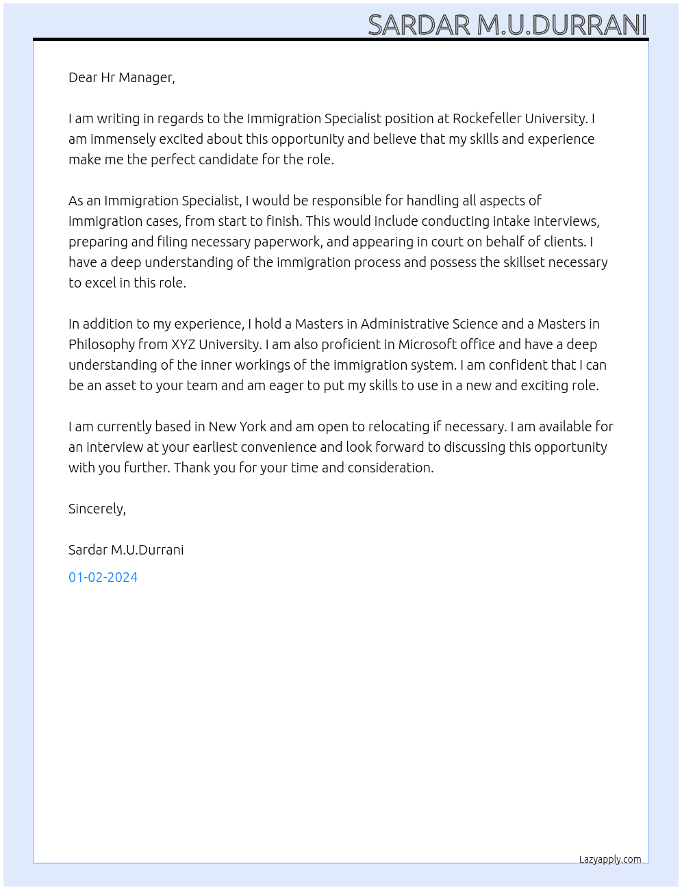 Immigration specialist  At Rockefeller University  Cover Letter