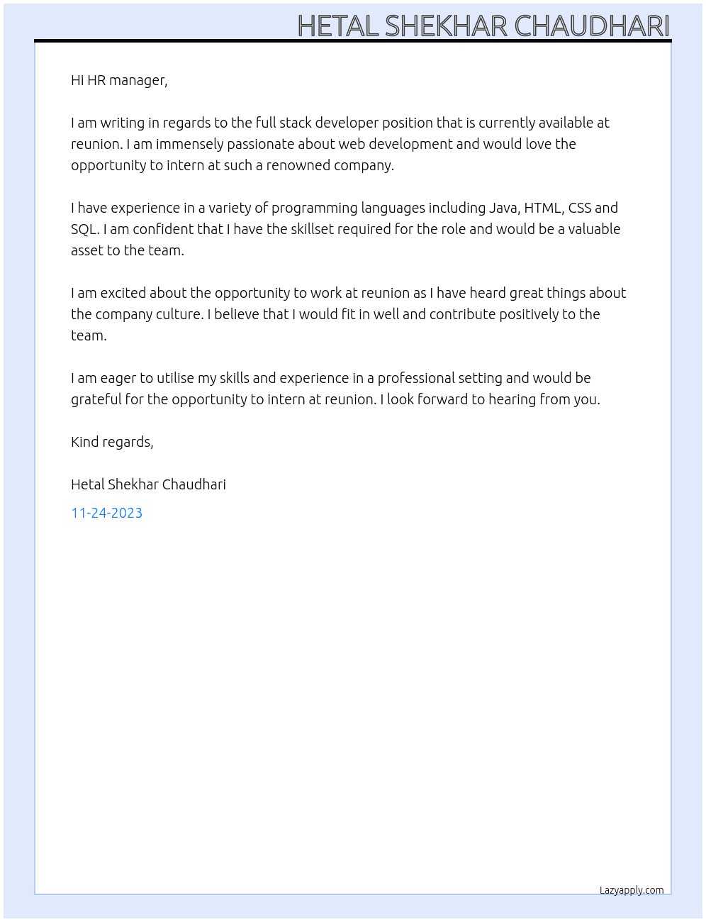 full stack developer  At reunion Cover Letter