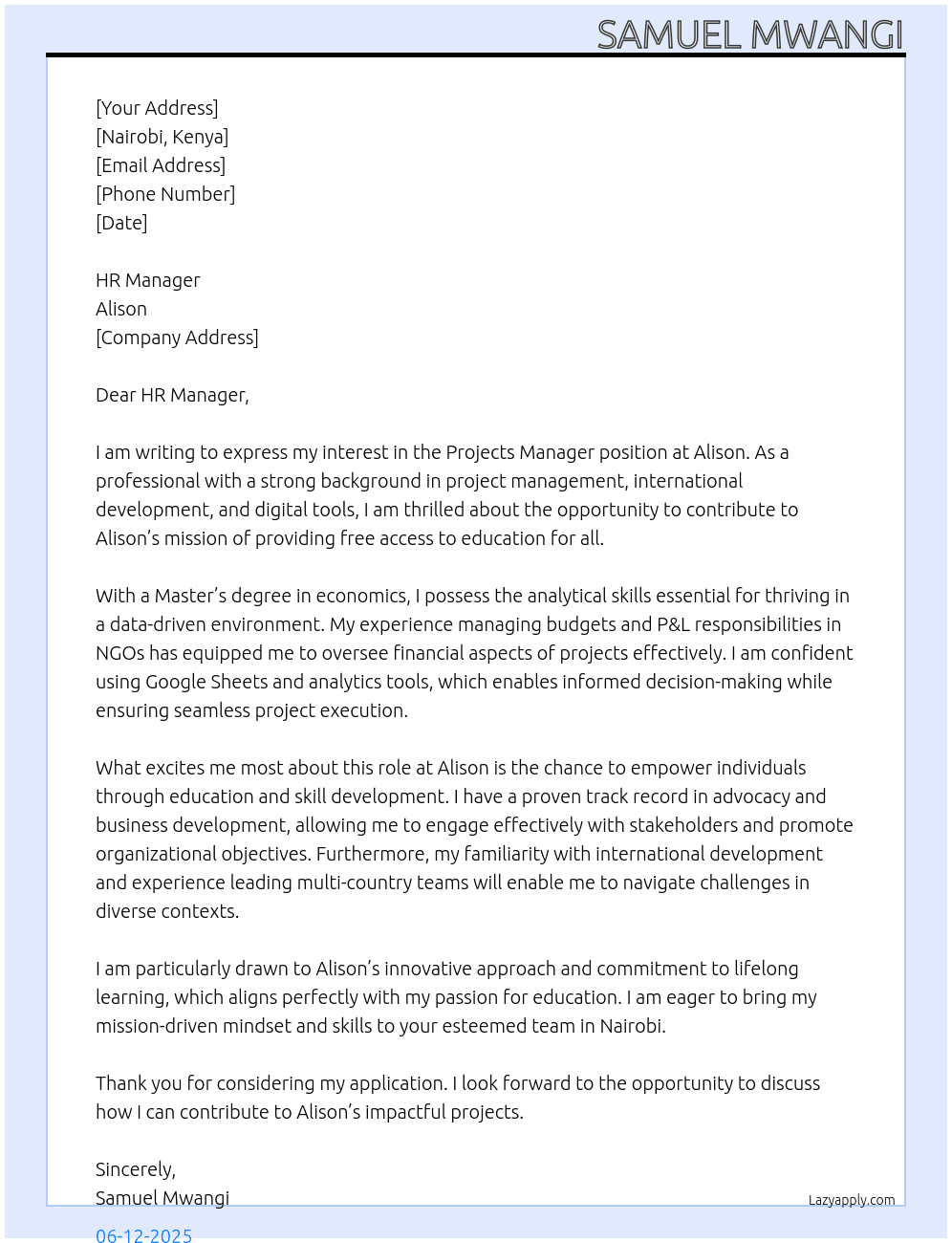 projects manager At Alison Cover Letter