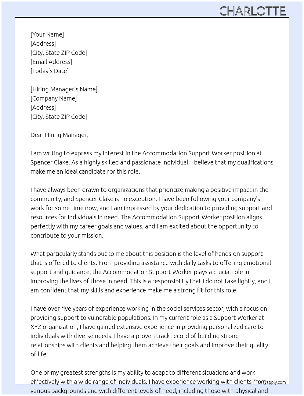 Accommodation Support Worker At Spencer Clake Cover Letter