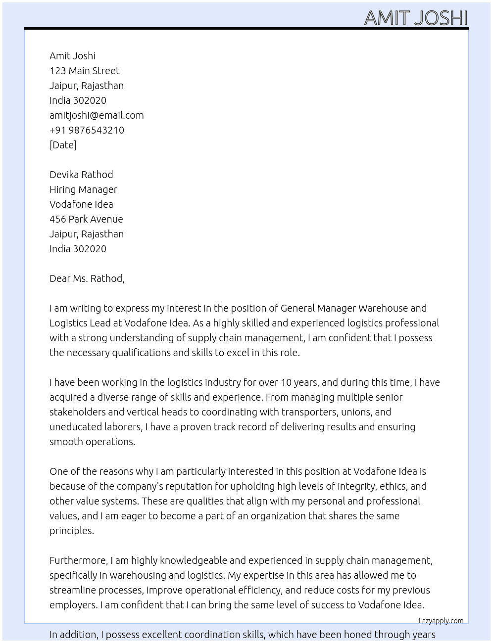 General Manager Warehouse and logistics lead At Vodafone Idea Cover Letter