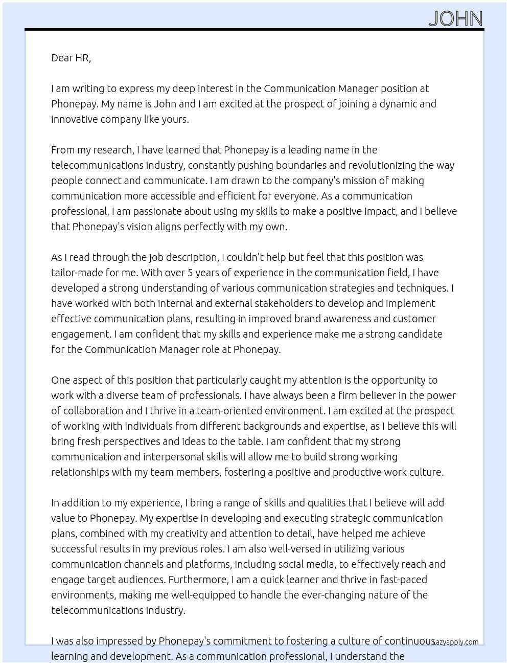 Communication manager  At Phonepay Cover Letter