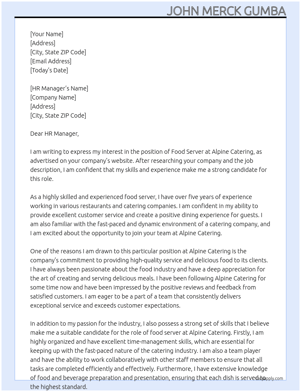 food server At Alpine Catering Cover Letter