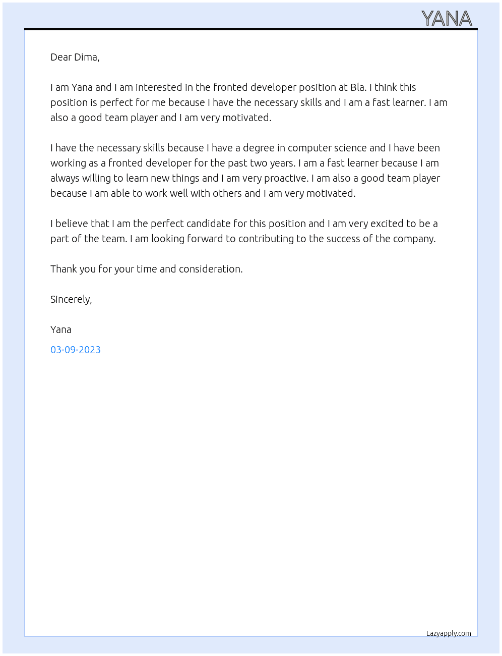 Fronted developer At Bla  Cover Letter