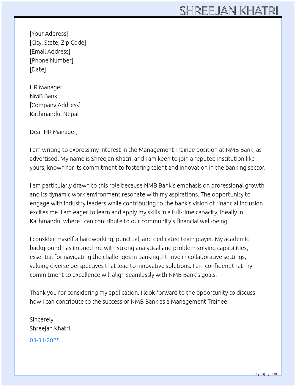Management Trainees  At NMB Bank Cover Letter