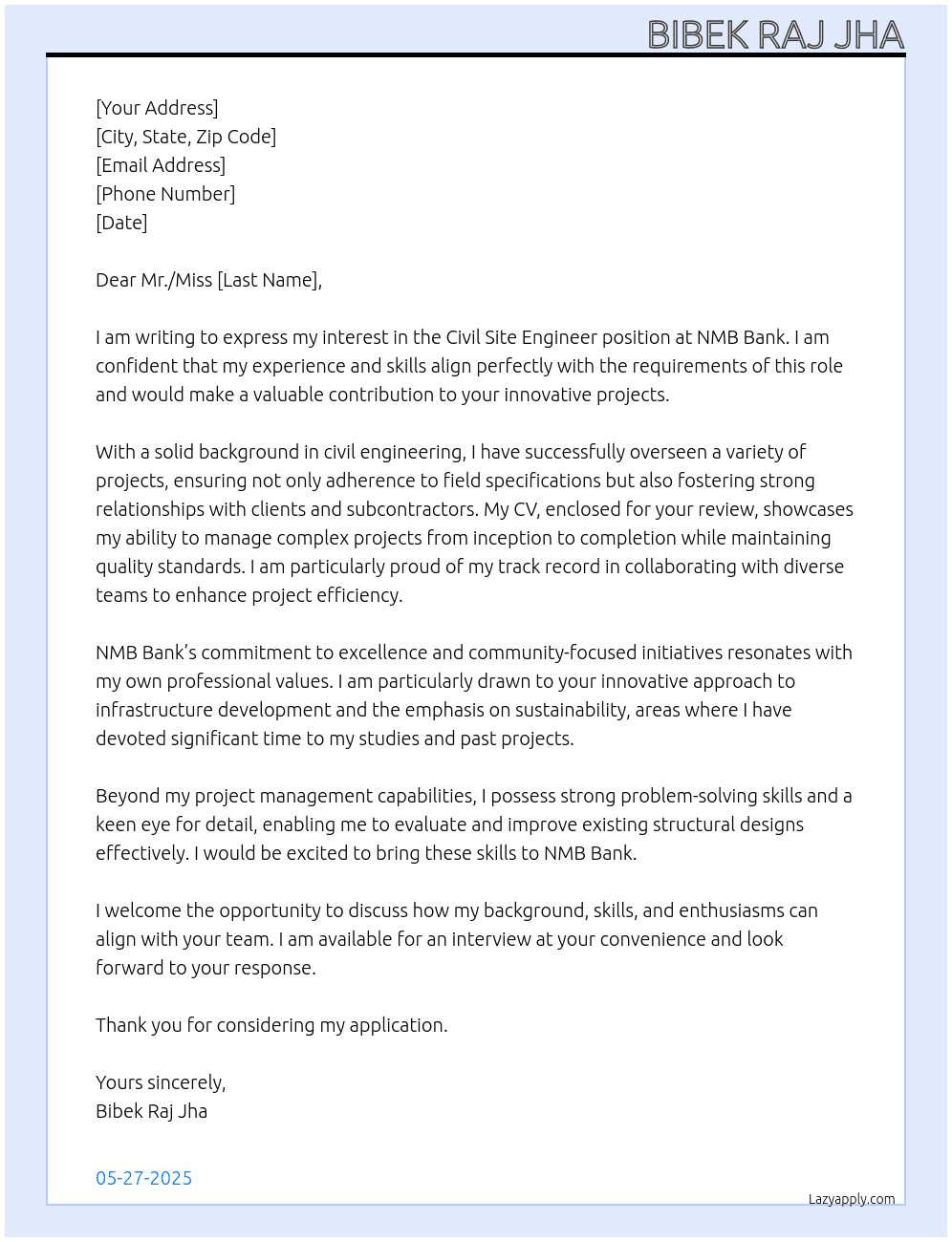 Civil Engineering At NMB Bank Cover Letter