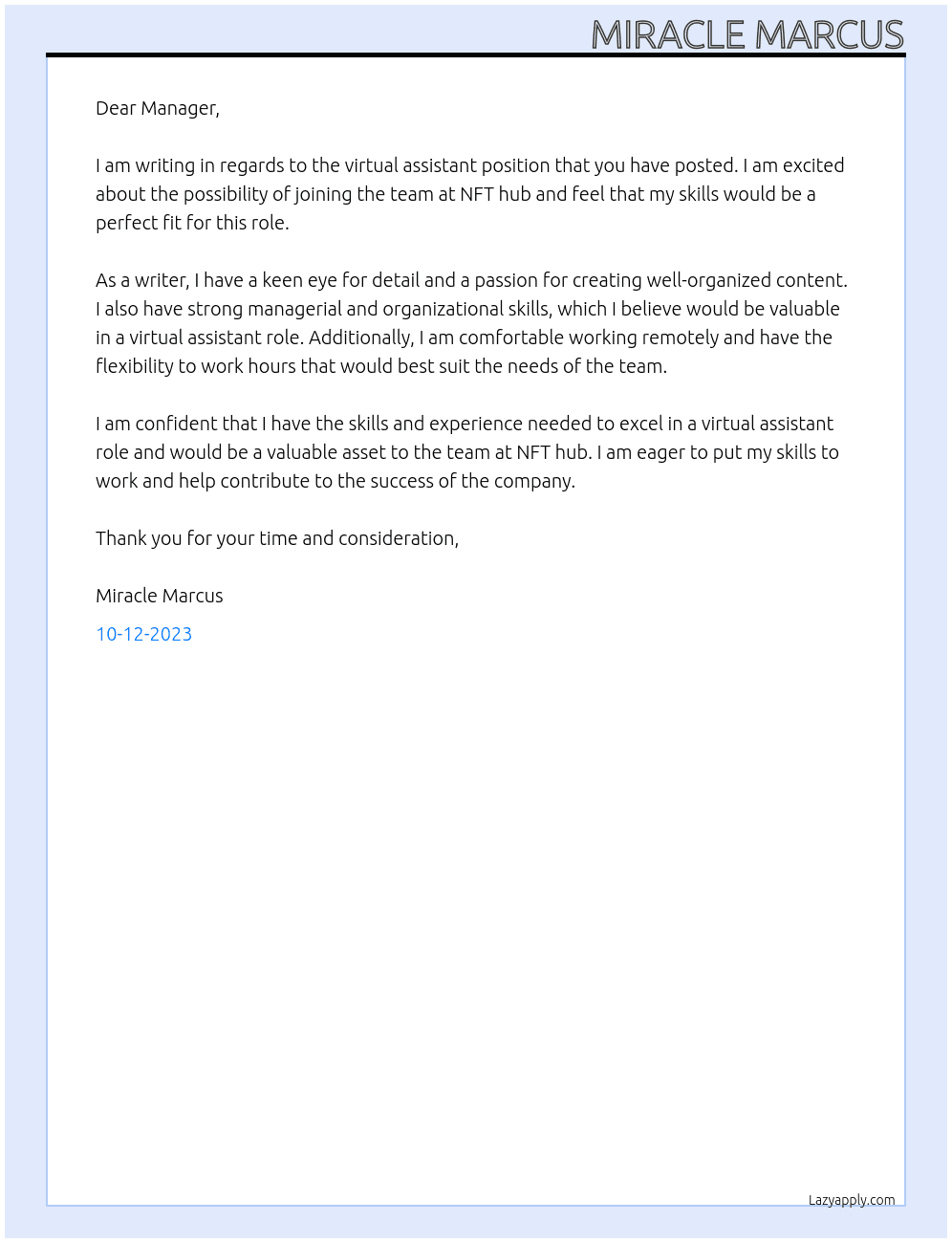 Virtual Assistant At NFT hub Cover Letter