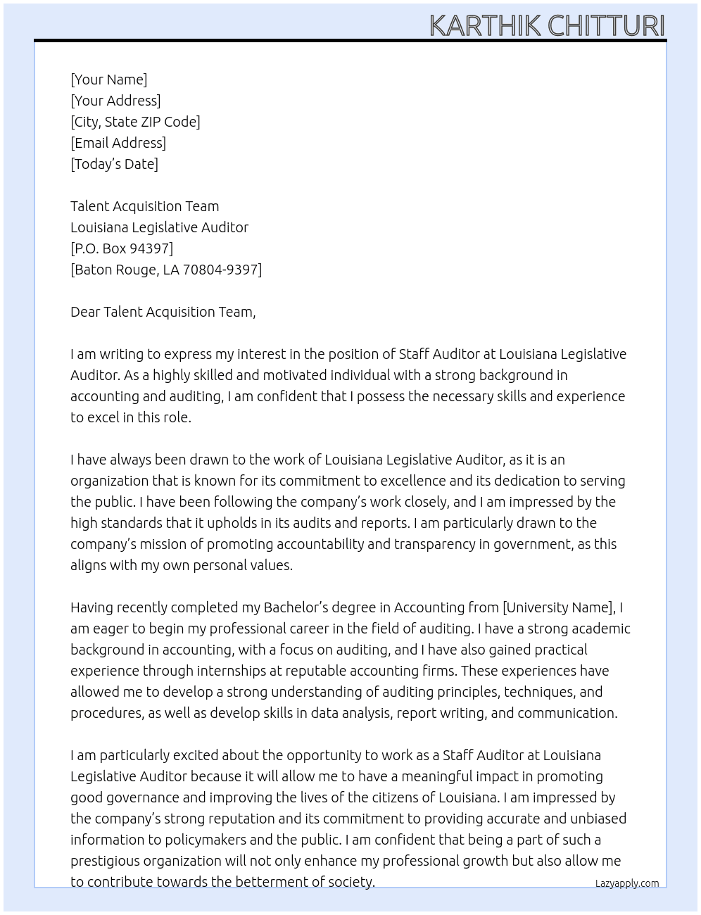 staff Auditor At Louisiana Legislative Auditor Cover Letter