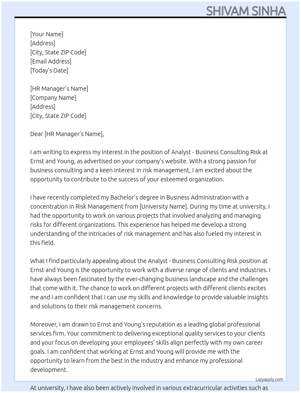 Analyst - Business Consulting Risk  At Ernst and Young Cover Letter