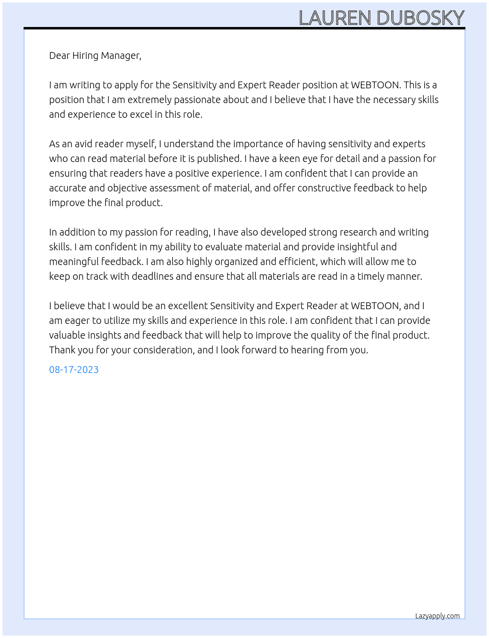 Sensitivity and Expert Reader At WEBTOON Cover Letter