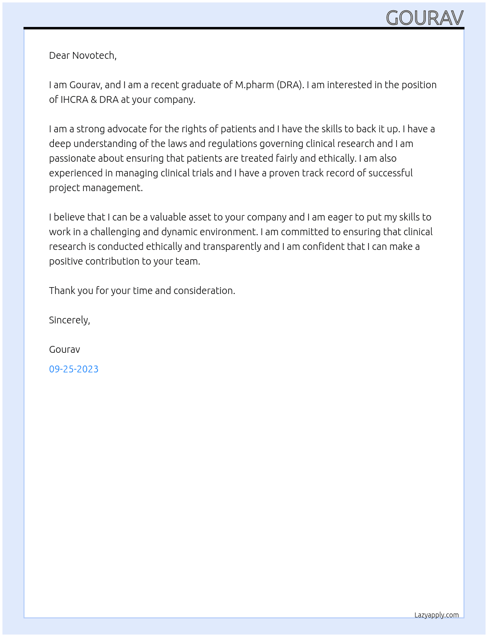 IHCRA & DRA At Novotech Cover Letter