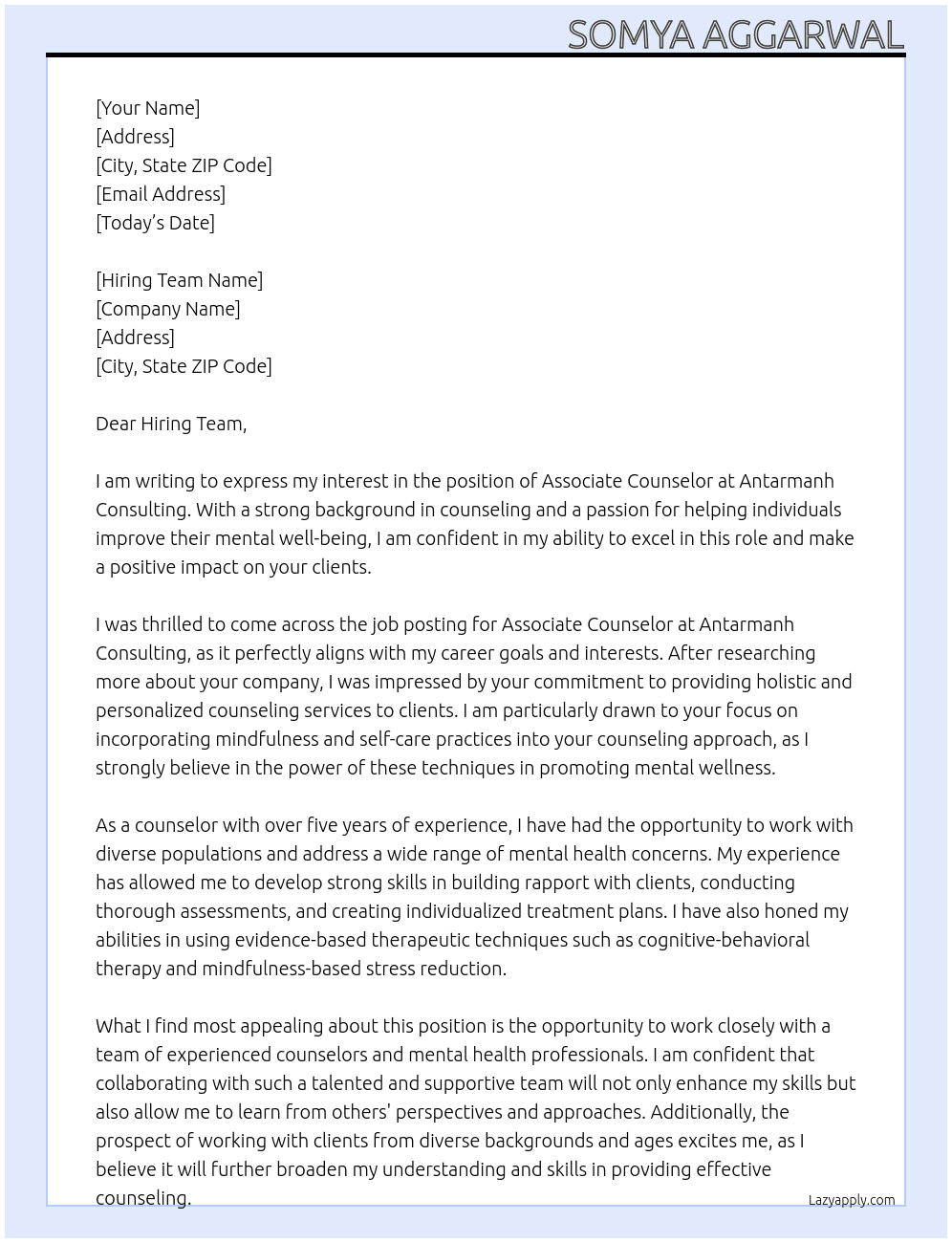 associate counselor At Antarmanh Consulting Cover Letter
